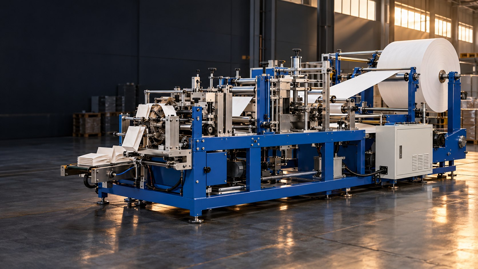 Blue automatic fruit bag machinery with paper feed rollers in a factory