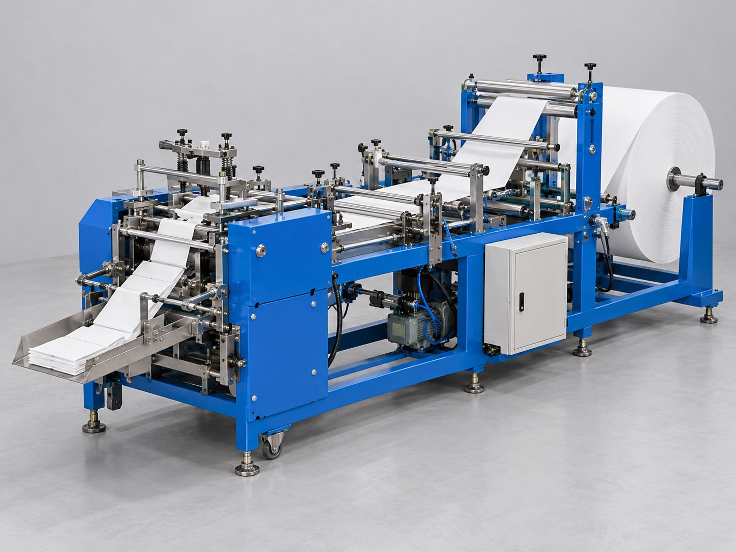 Illustration of a blue fruit paper bag making machine