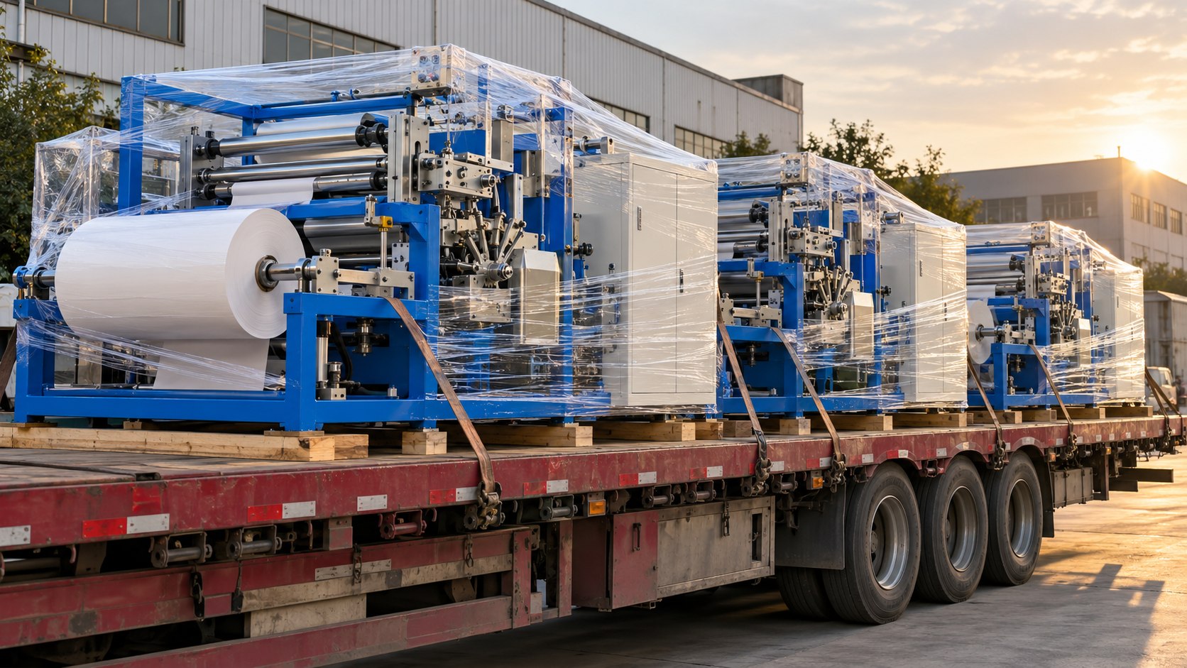 Illustration of blue fruit bag machinery secured on a flatbed truck for shipment